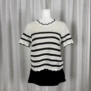 Gap Sweater Womens Medium White Black Stripe Open Knit Short Sleeve Scallop Hem
